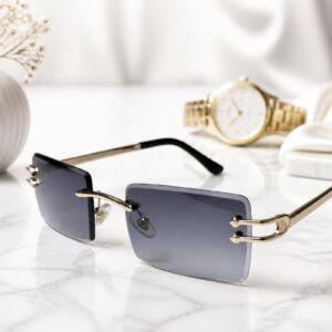 Gold Gray Rimless Rectangle Sunglasses