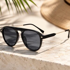 New Black / Gold Frames With Black Lenses Round Brow Bridge Retro Unisex Shades